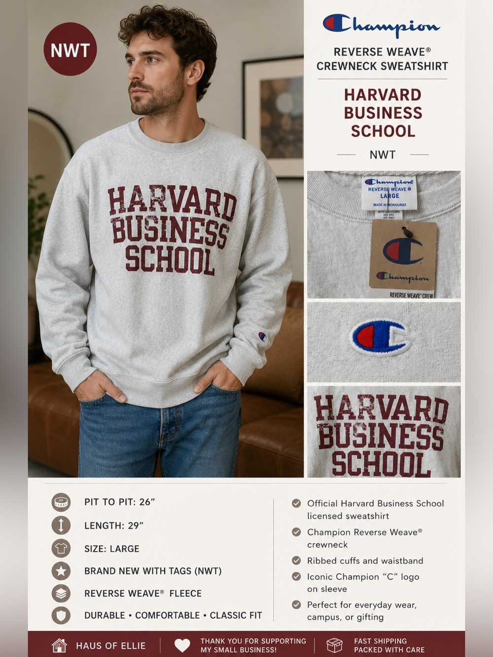 Champion Reverse Weave Harvard Business School Sweatshirt NWT Large